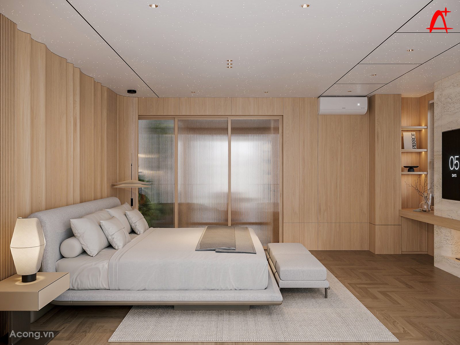 Phòng ngủ tại tầng 4 với các chi tiết nột thất bo cong